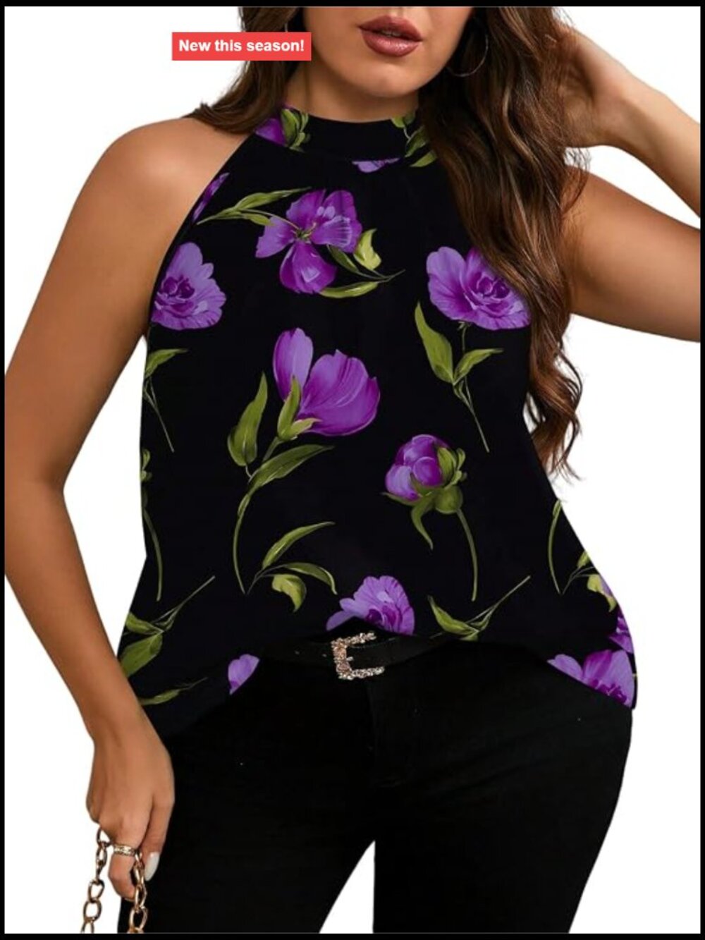 Plus Size Halter Floral Sleeveless Flowy Tank Top, Lightweight Polyester